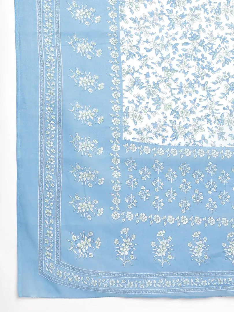 Beautiful Women Blue Floral Printed Lace Embellished Kurta with Pants and Dupatta