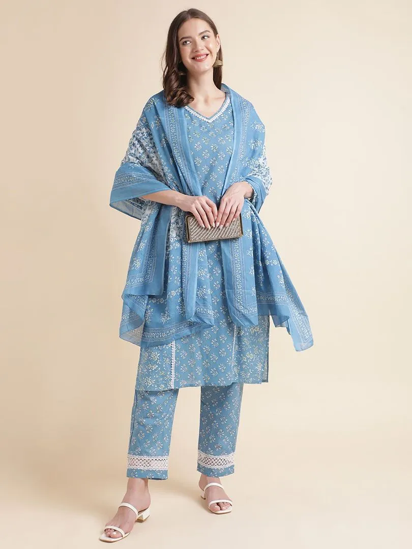 Beautiful Women Blue Floral Printed Lace Embellished Kurta with Pants and Dupatta
