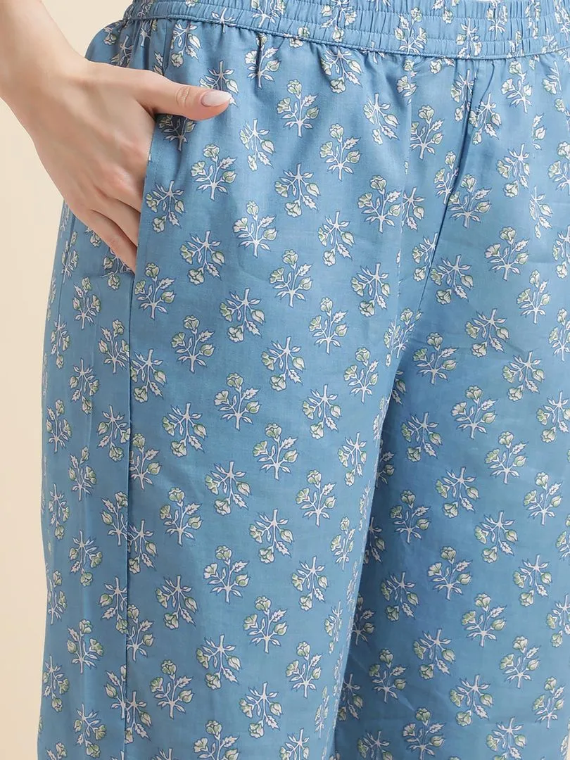 Beautiful Women Blue Floral Printed Lace Embellished Kurta with Pants and Dupatta