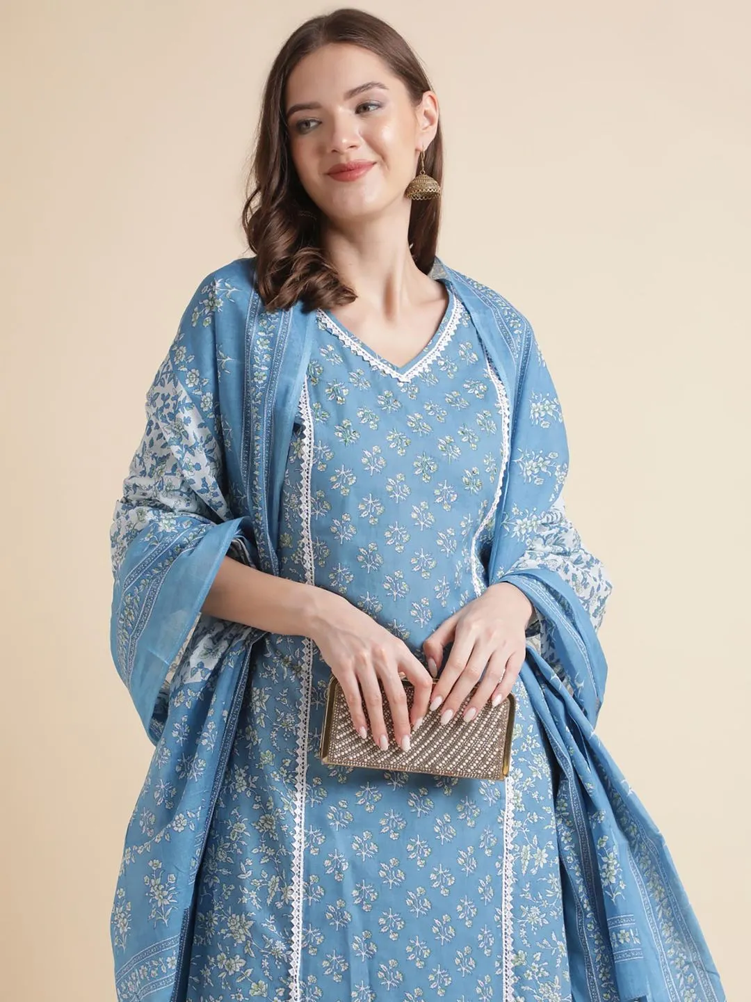 Beautiful Women Blue Floral Printed Lace Embellished Kurta with Pants and Dupatta