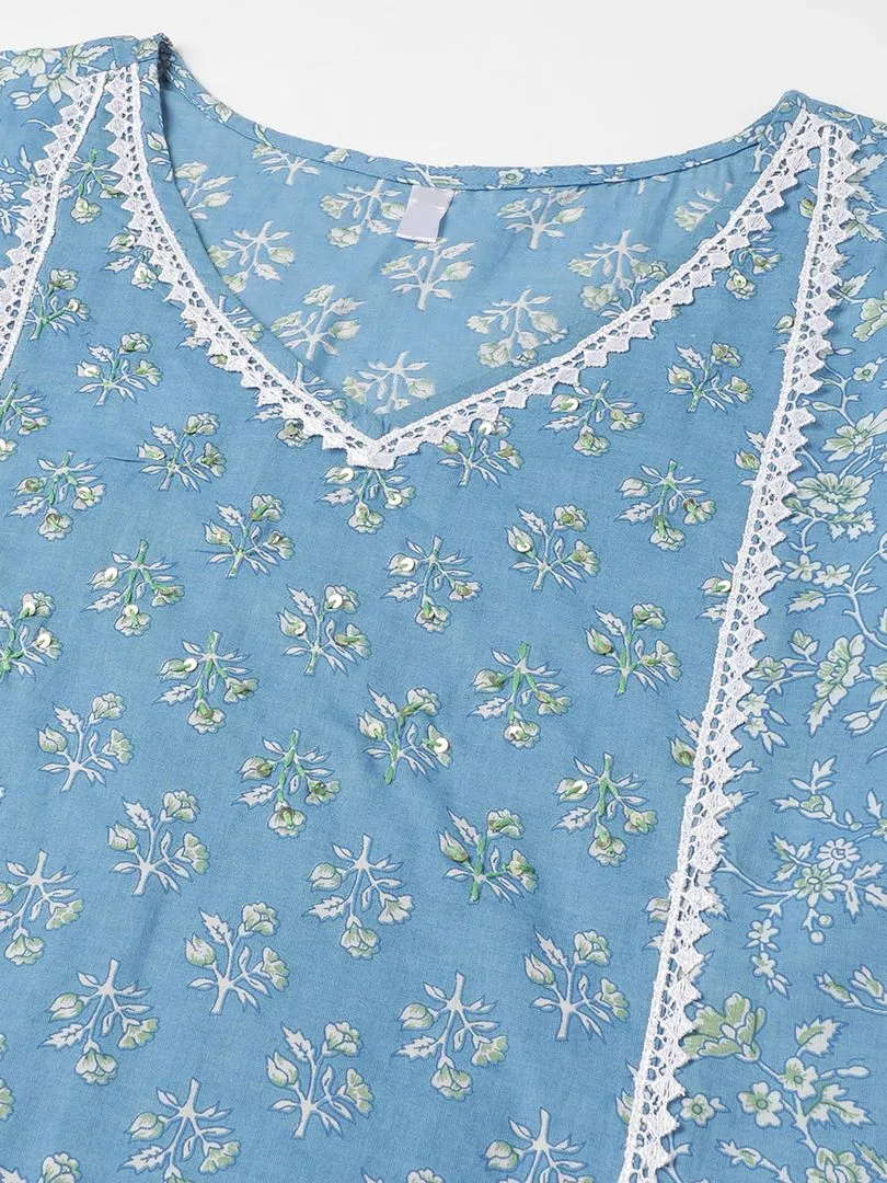 Beautiful Women Blue Floral Printed Lace Embellished Kurta with Pants and Dupatta