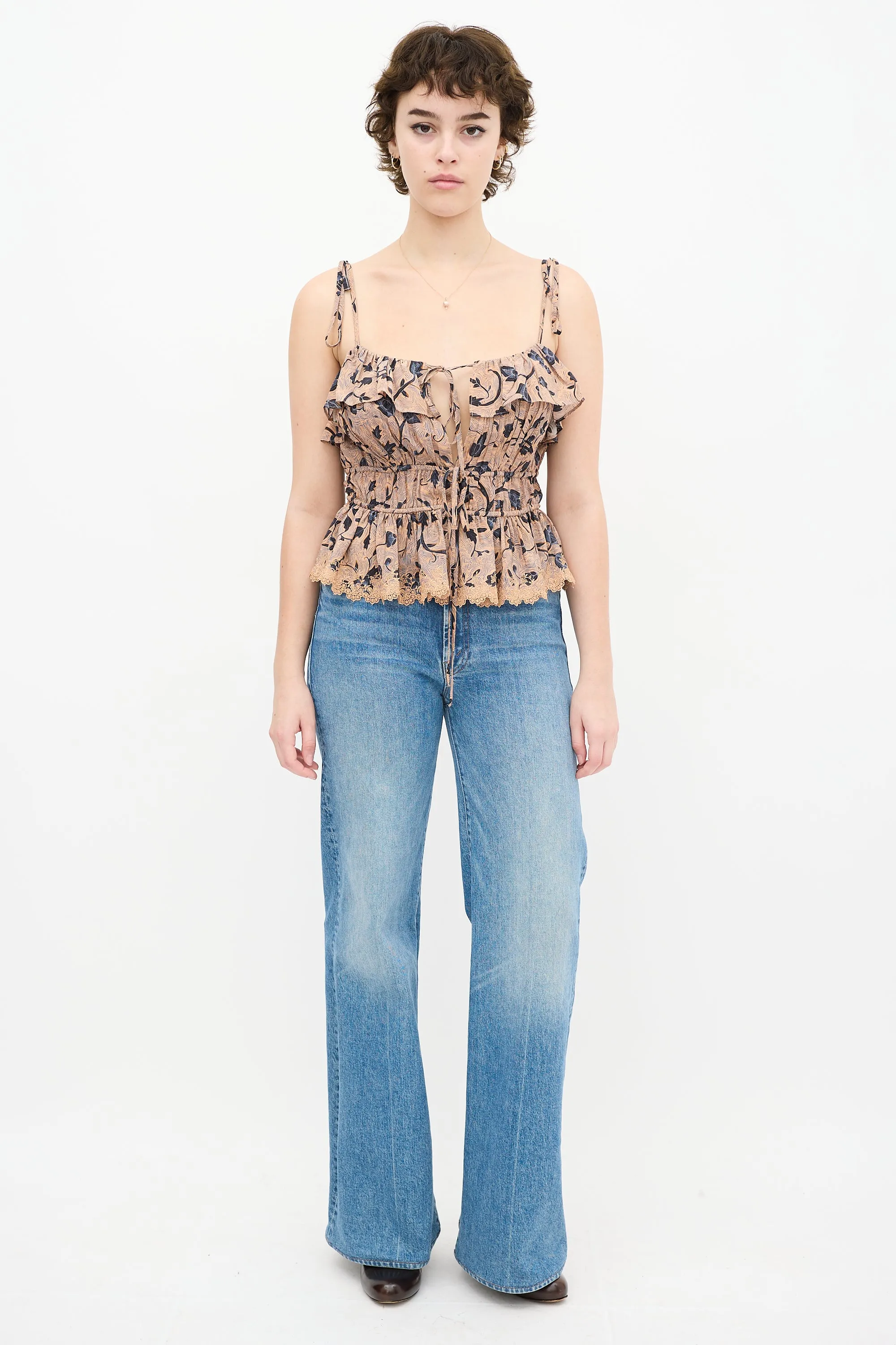 Beige & Blue Silk Floral Ruffled Top