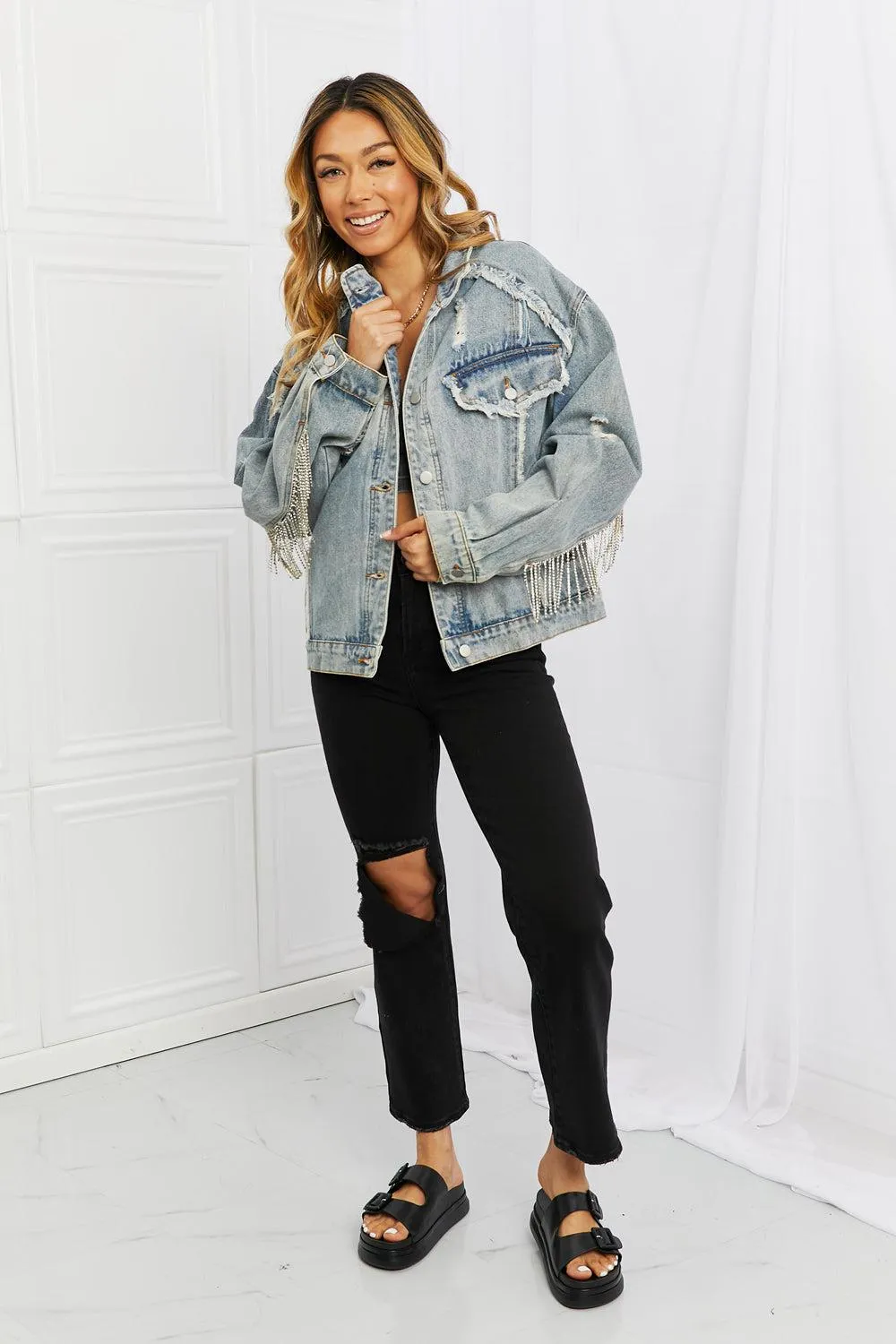 Blue Zone Planet |  POL Time To Shine Twill Denim Fringe Jacket