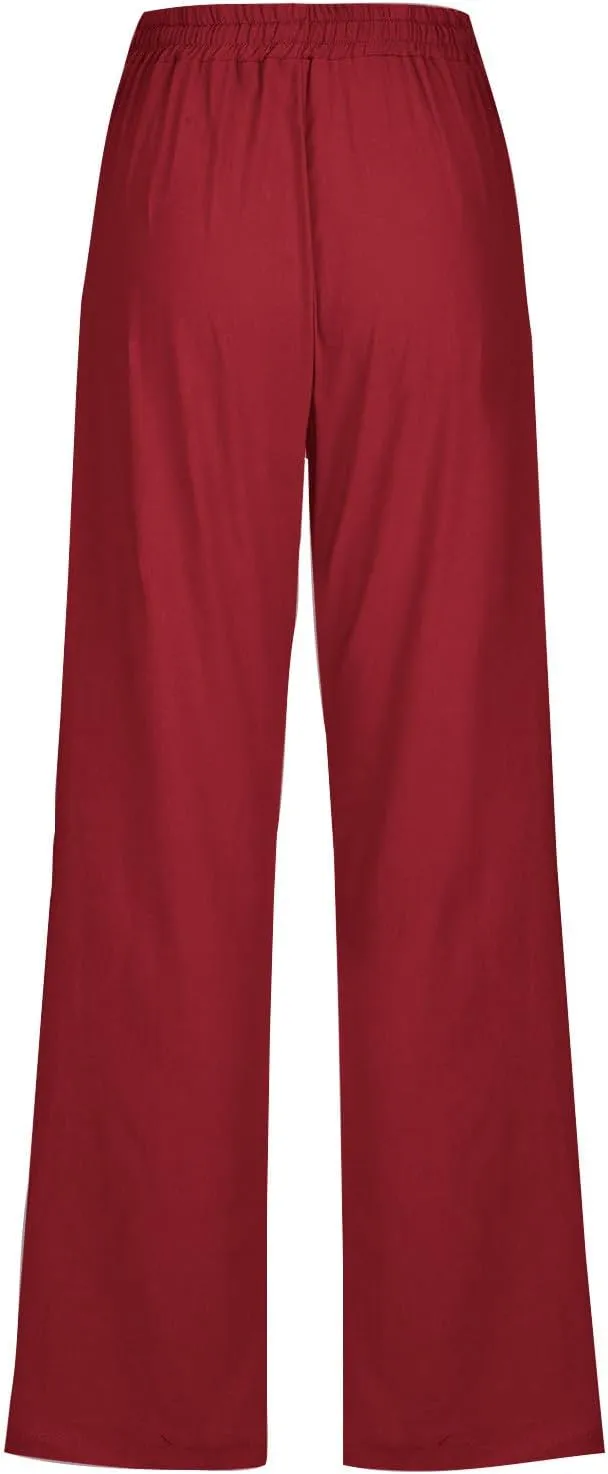 Cotton Linen Pants for Women Wide Leg Palazzo Pant High Waisted Drawstring Trousers Summer Beach Pant with Pockets