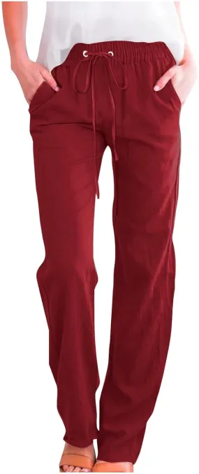 Cotton Linen Pants for Women Wide Leg Palazzo Pant High Waisted Drawstring Trousers Summer Beach Pant with Pockets