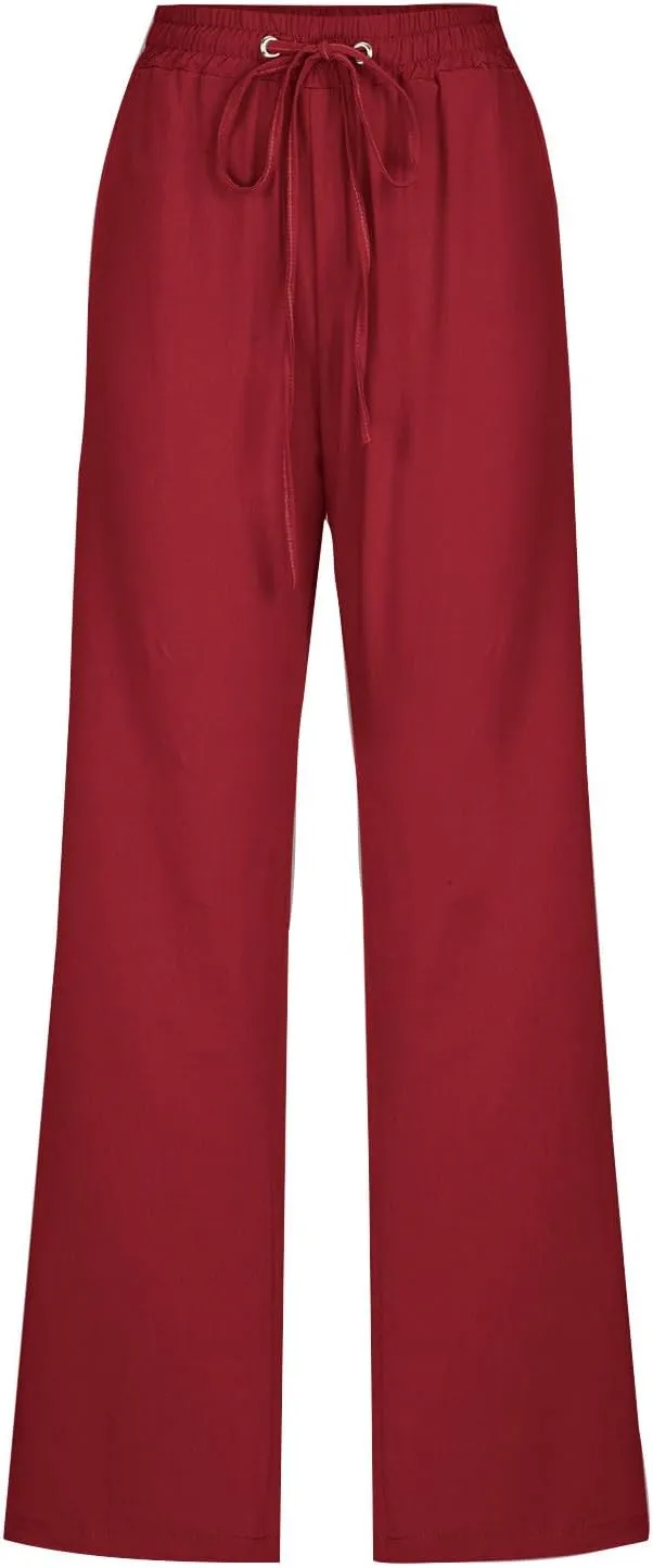 Cotton Linen Pants for Women Wide Leg Palazzo Pant High Waisted Drawstring Trousers Summer Beach Pant with Pockets