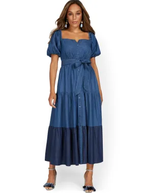 Denim Colorblock Square-Neck Maxi Dress