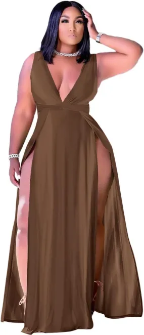 Ekaliy Women's Plus Size Sleeveless Deep V Neck Front Split Long Maxi Wrap Dress