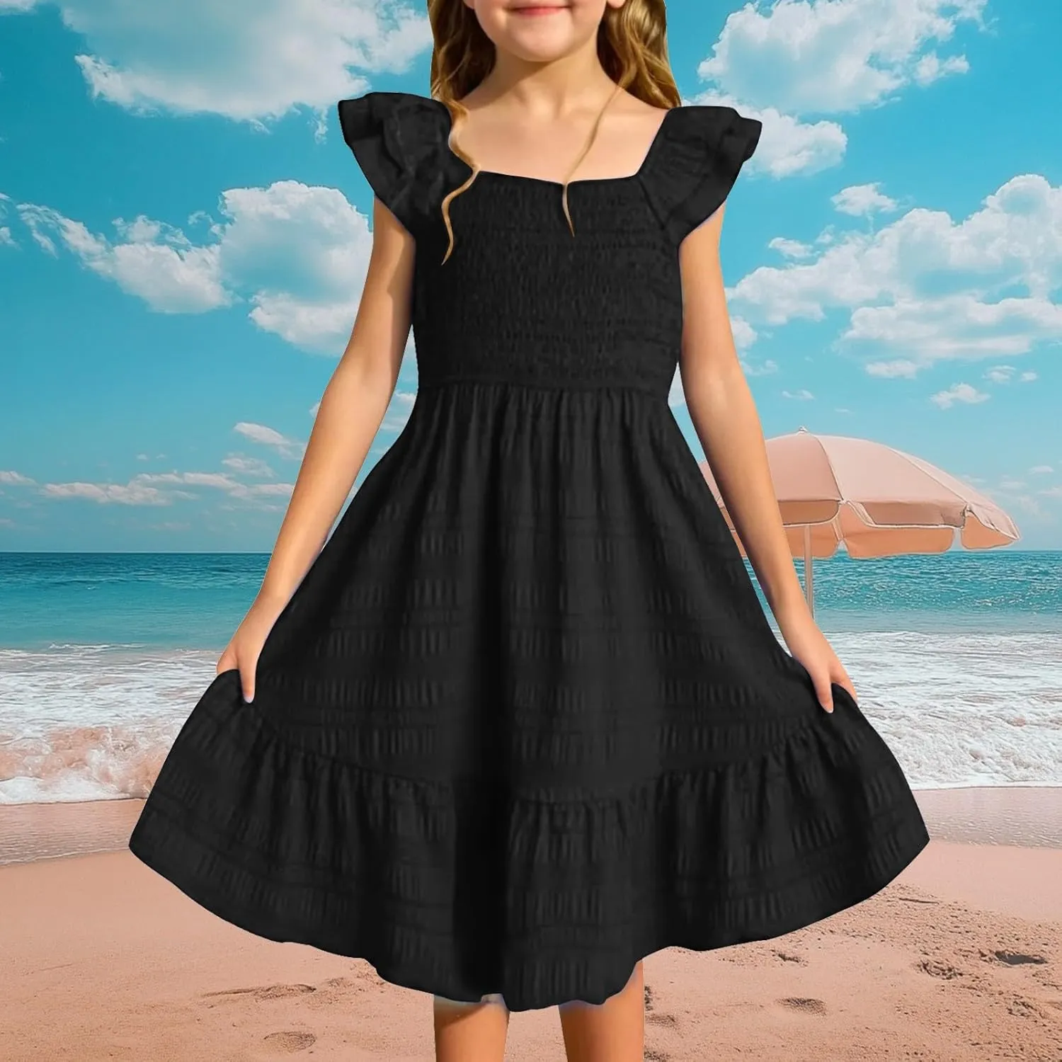 Girls Summer Dresses Cute Ruffle Sleeve Smocked Flowy Kids Spring Dress Party Sundresses 3-12 Years