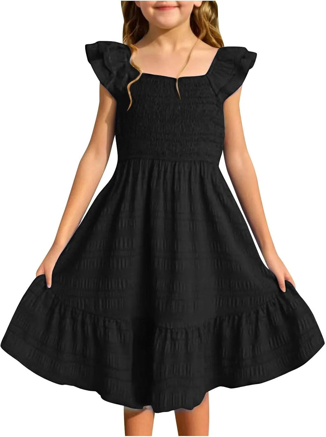 Girls Summer Dresses Cute Ruffle Sleeve Smocked Flowy Kids Spring Dress Party Sundresses 3-12 Years