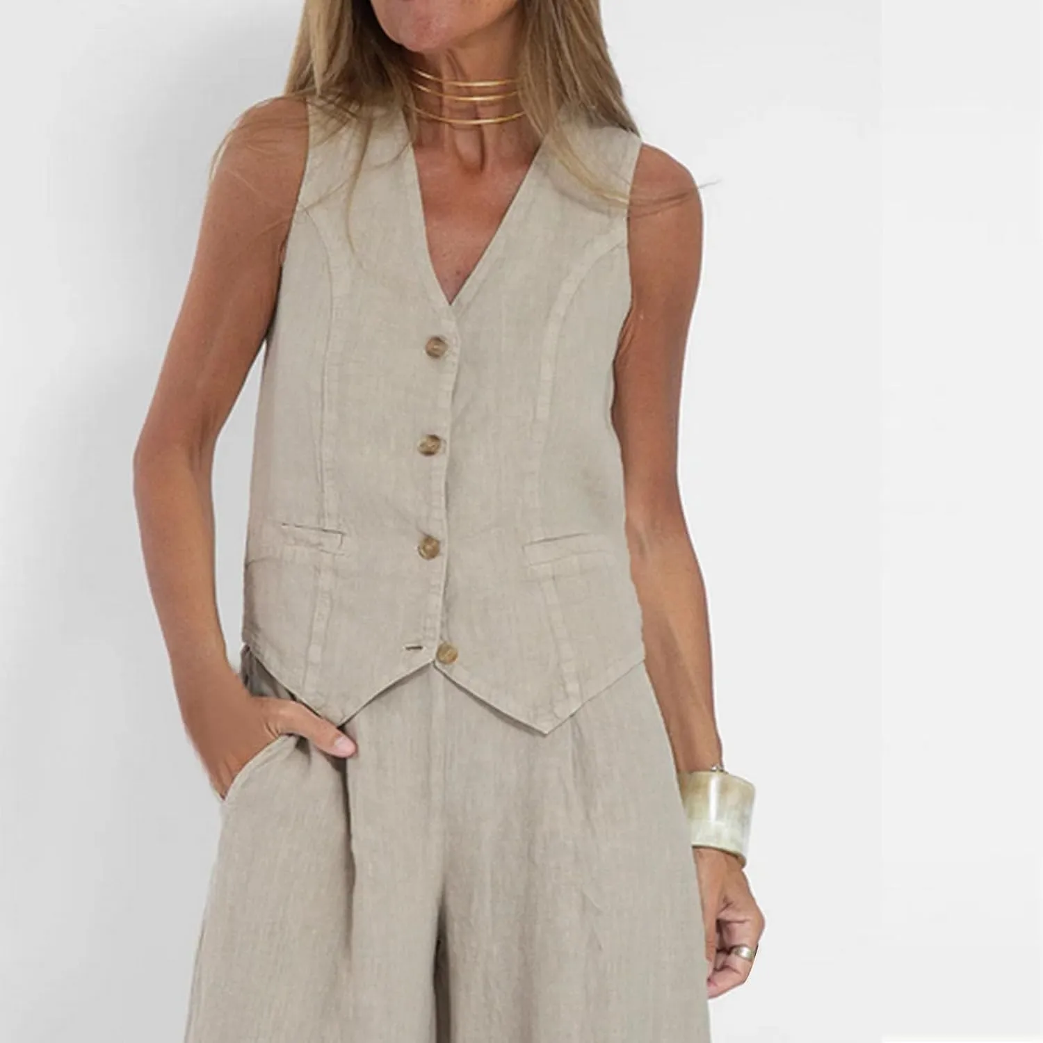HGps8w Women's Cotton Linen 2 Piece Outfits Sleeveless V Neck Blazer Vest & High Waisted Pants Summer Business Work Sets