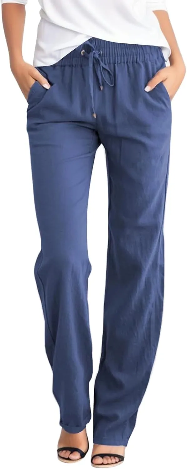 High Waisted Linen Pants Women Straight Leg Casual Summer Comfy Beach Pants Drawstring Elastic Loose Lounge Trousers