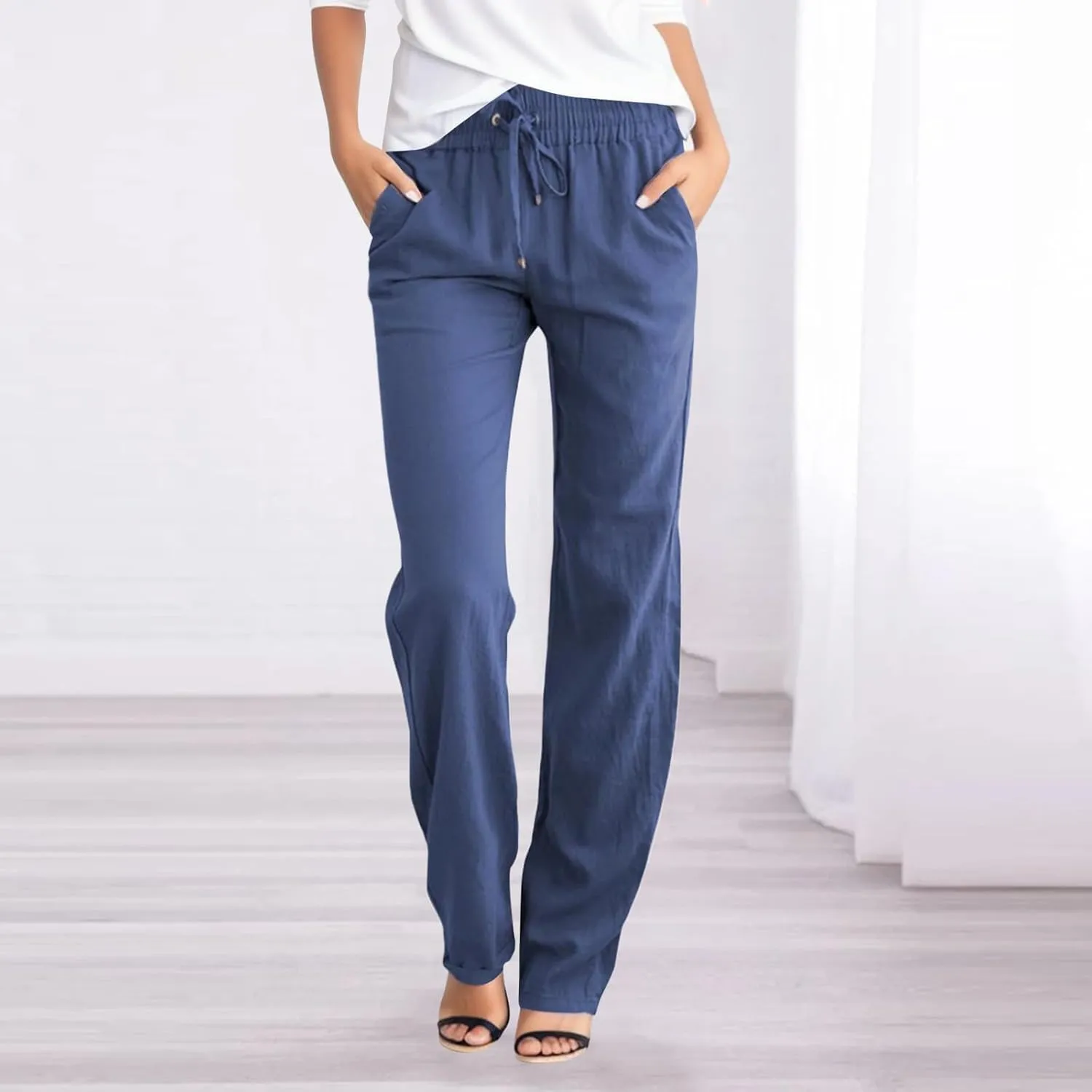 High Waisted Linen Pants Women Straight Leg Casual Summer Comfy Beach Pants Drawstring Elastic Loose Lounge Trousers