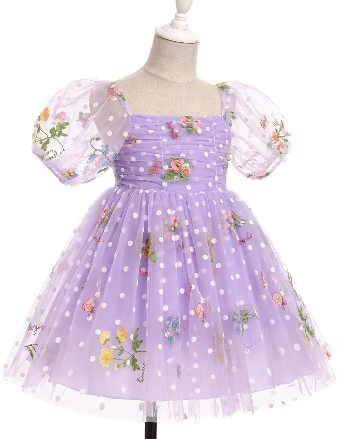 IBTOM CASTLE Toddlers Girls Floral Embroidery Birthday Dress Short Puff Sleeve Dress Polka Dot Princess Party Dress