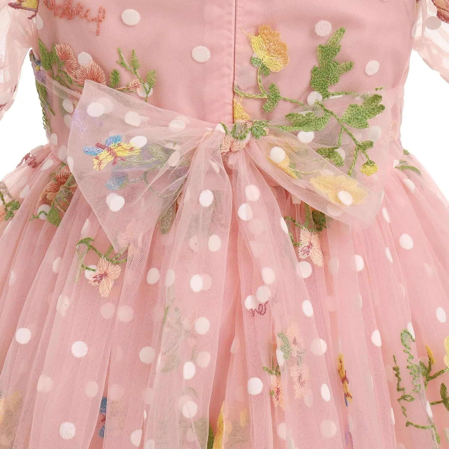 IBTOM CASTLE Toddlers Girls Floral Embroidery Birthday Dress Short Puff Sleeve Dress Polka Dot Princess Party Dress