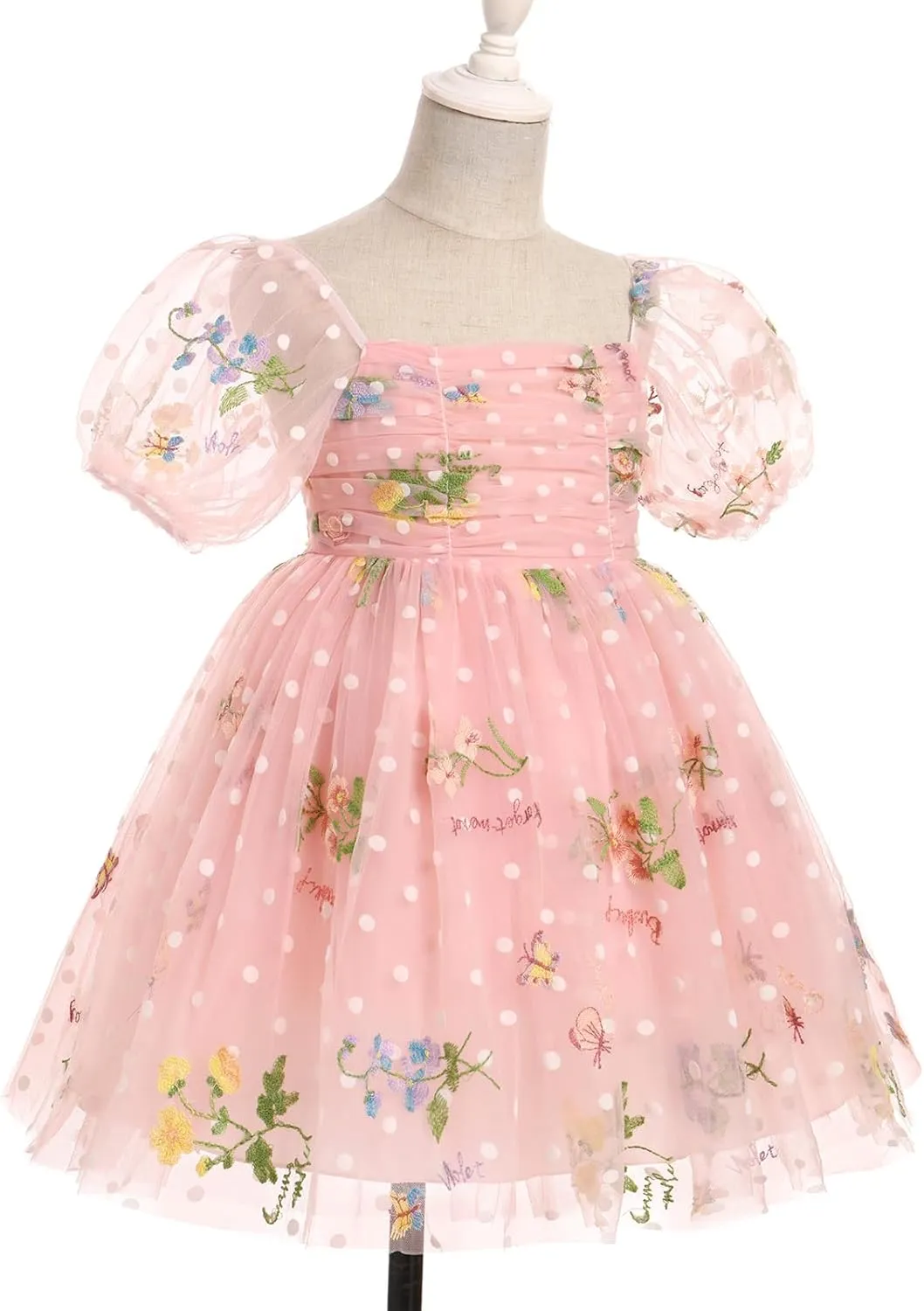 IBTOM CASTLE Toddlers Girls Floral Embroidery Birthday Dress Short Puff Sleeve Dress Polka Dot Princess Party Dress