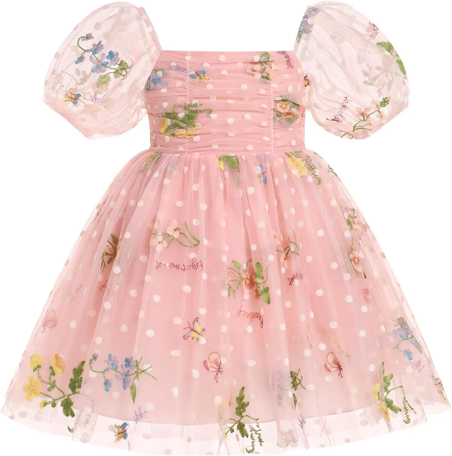 IBTOM CASTLE Toddlers Girls Floral Embroidery Birthday Dress Short Puff Sleeve Dress Polka Dot Princess Party Dress