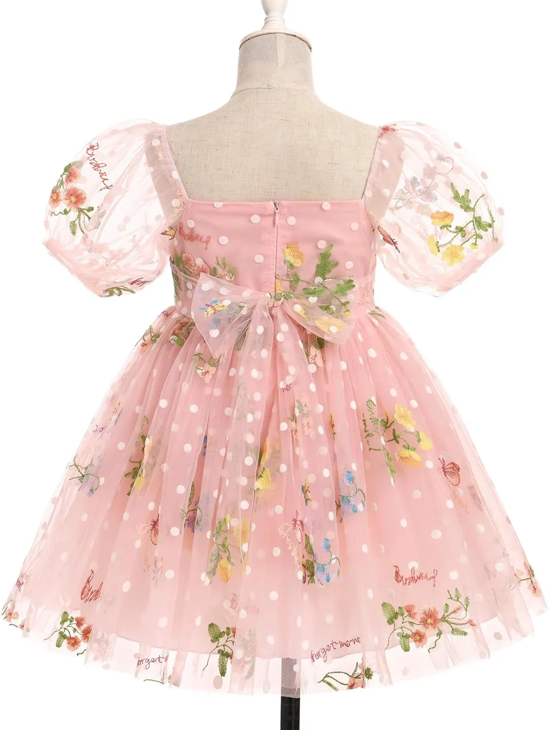 IBTOM CASTLE Toddlers Girls Floral Embroidery Birthday Dress Short Puff Sleeve Dress Polka Dot Princess Party Dress