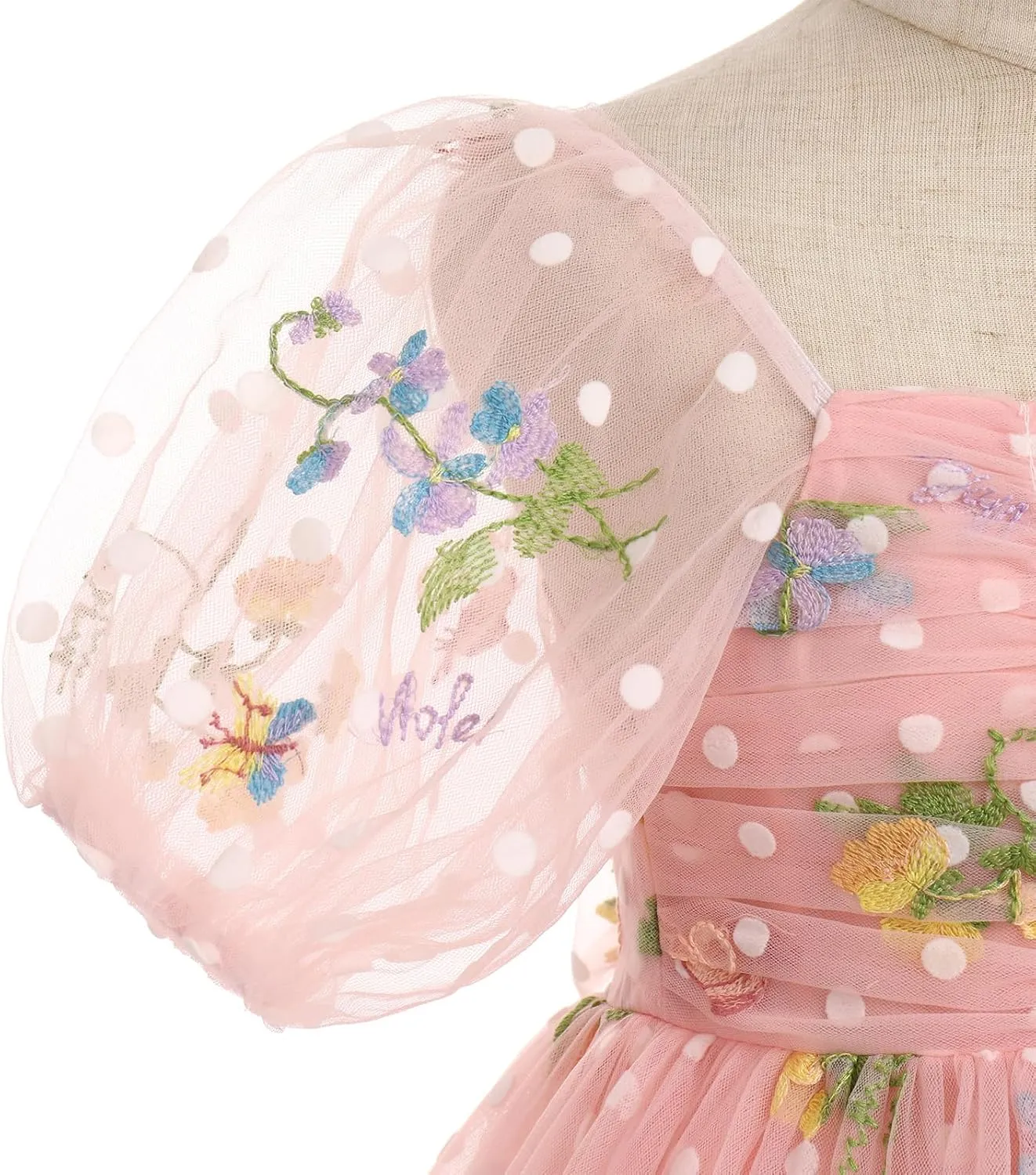 IBTOM CASTLE Toddlers Girls Floral Embroidery Birthday Dress Short Puff Sleeve Dress Polka Dot Princess Party Dress