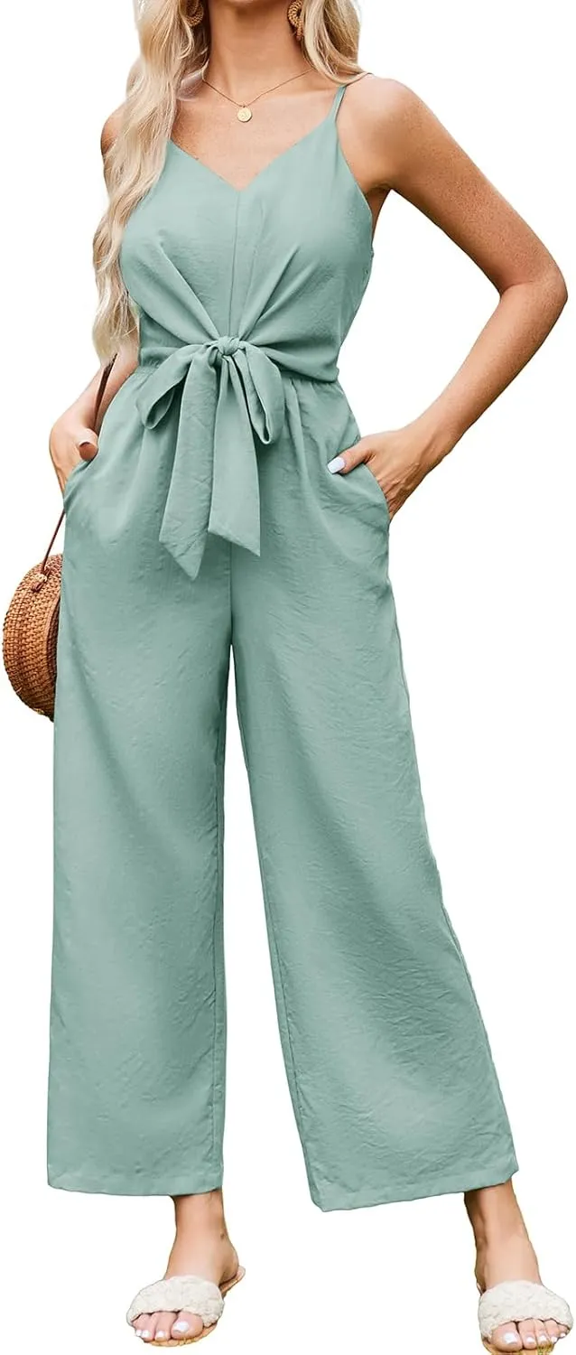JASAMBAC Women Jumpsuits Dressy Casual Sleeveless Spaghetti Strap Loose Rompers Wide Leg Linen Summer Outfits with Pockets