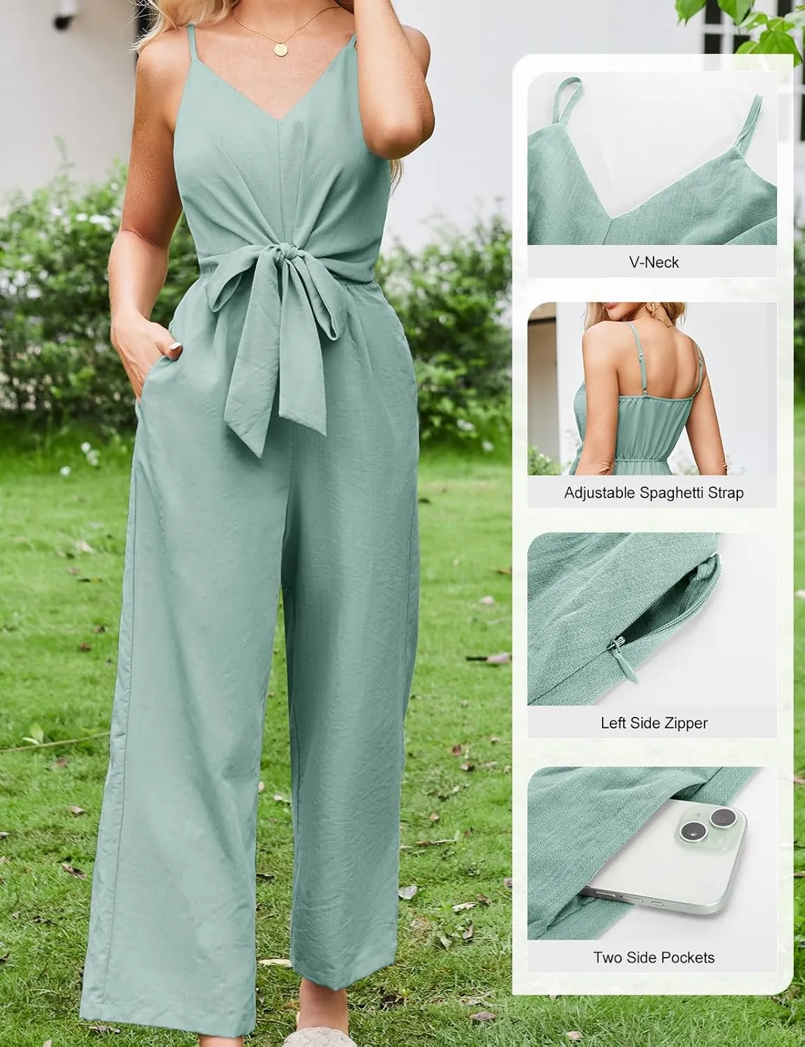 JASAMBAC Women Jumpsuits Dressy Casual Sleeveless Spaghetti Strap Loose Rompers Wide Leg Linen Summer Outfits with Pockets