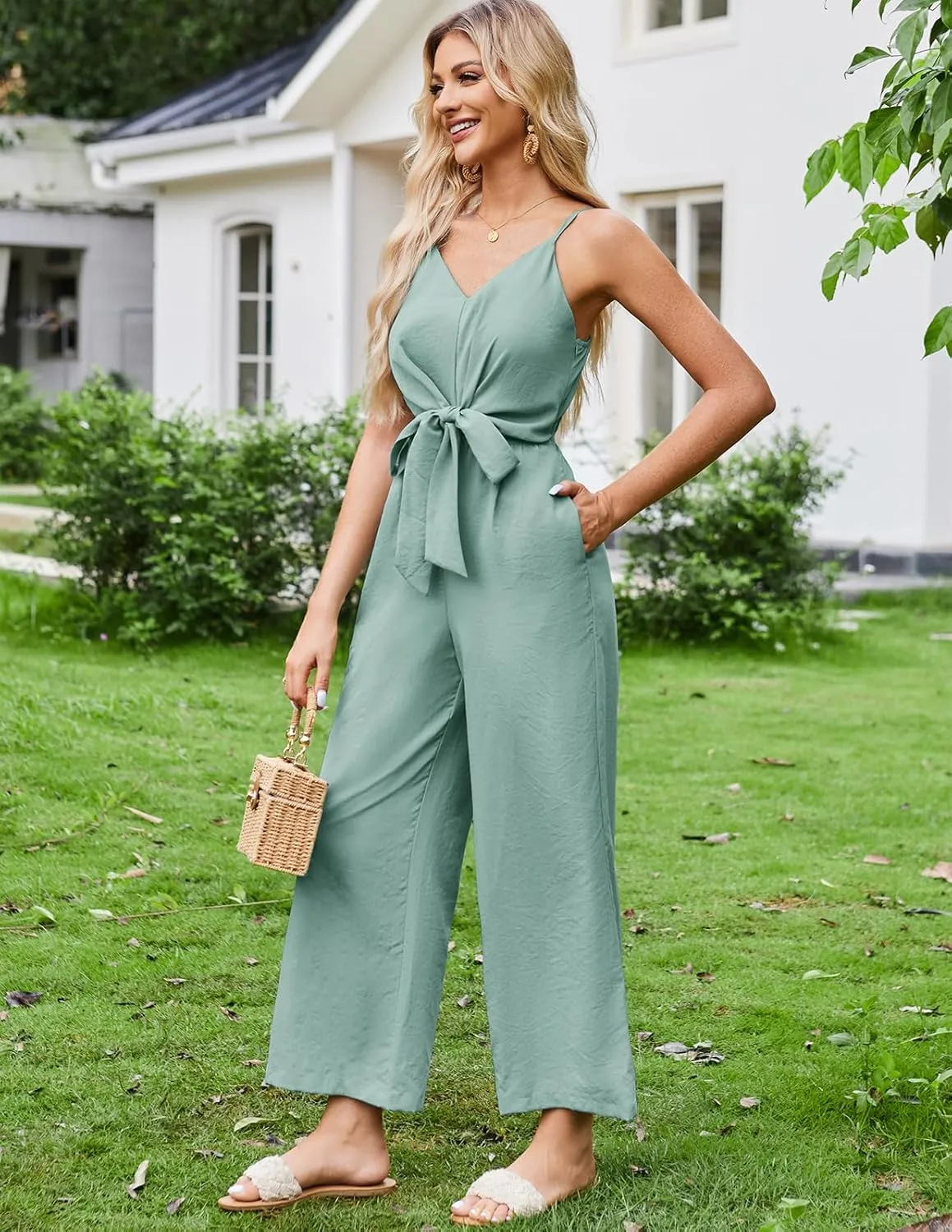 JASAMBAC Women Jumpsuits Dressy Casual Sleeveless Spaghetti Strap Loose Rompers Wide Leg Linen Summer Outfits with Pockets