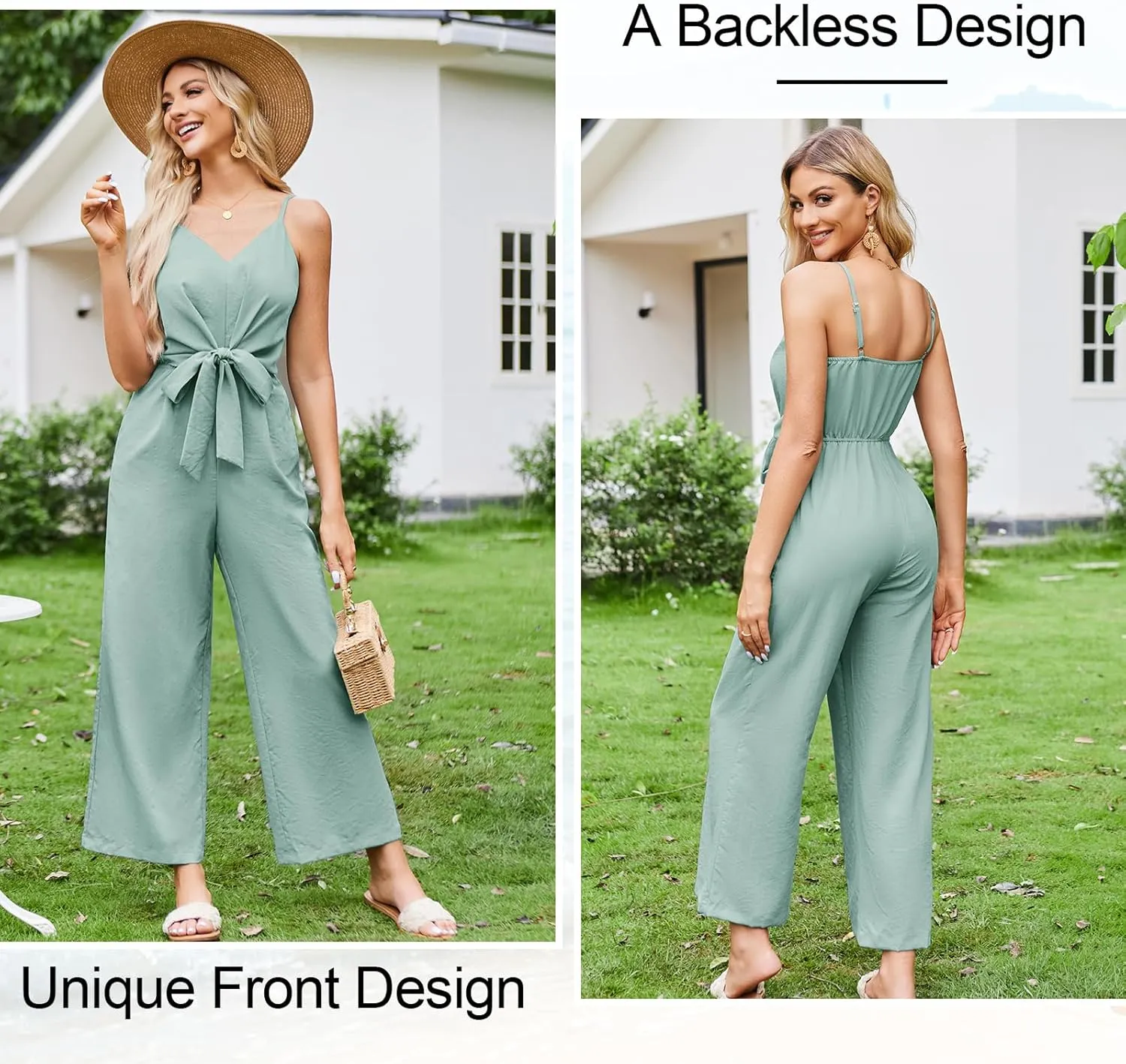 JASAMBAC Women Jumpsuits Dressy Casual Sleeveless Spaghetti Strap Loose Rompers Wide Leg Linen Summer Outfits with Pockets