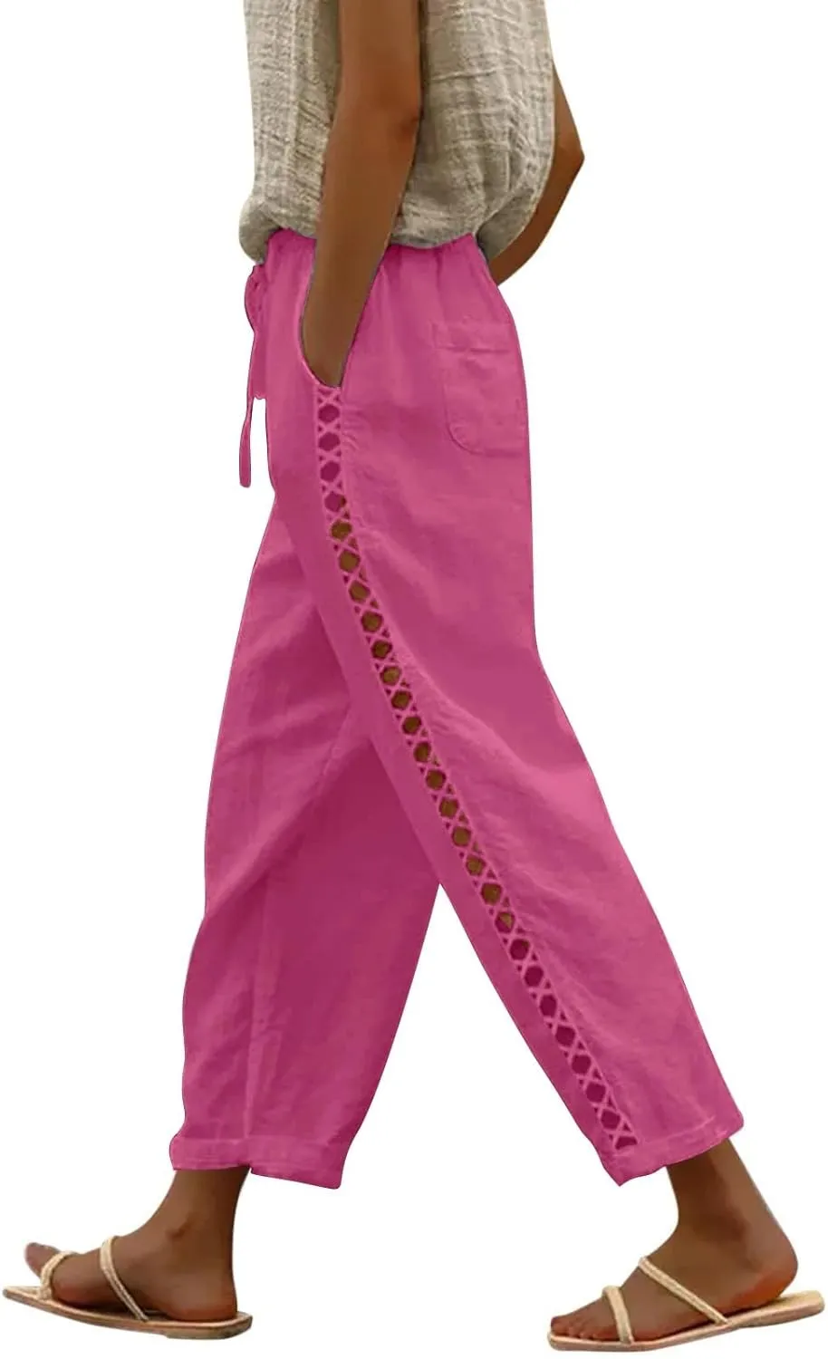 Linen Cropped Pants for Women Summer Trousers Plus Size Pants Trendy Drawstring Elastic Waist Joggers with Pockets