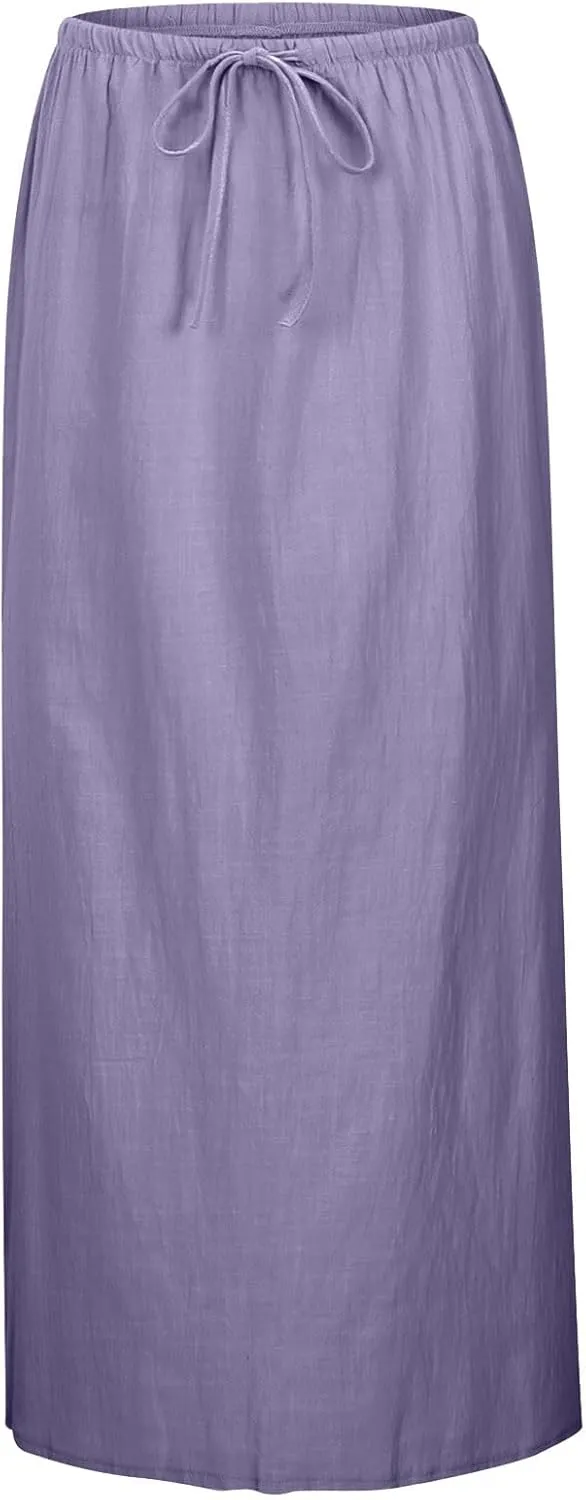 Long Skirts for Women with Slit high Elastic Waist Loose Solid Casual Maxi Skirt for Women Trendy Summer Vacation