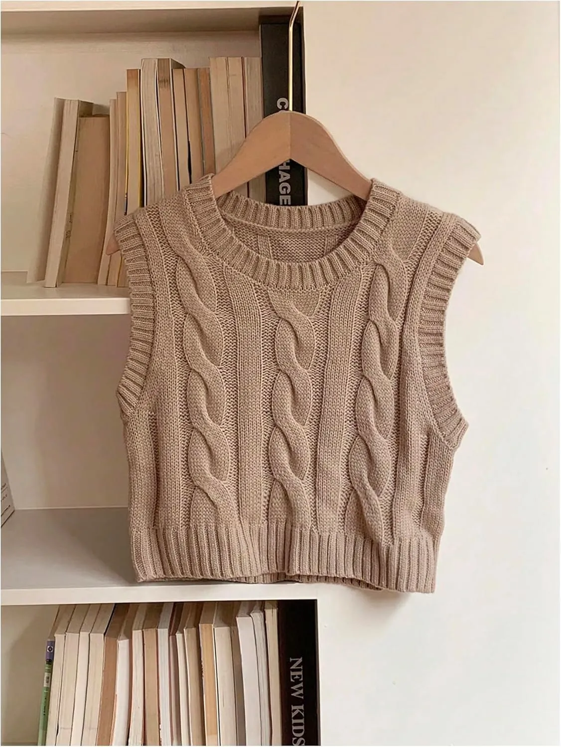 MakeMeChic Women's Cable Knit Crew Neck Sweater Vest Sleeveless Going Out Pullover Top