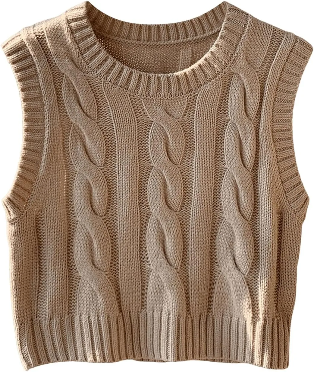 MakeMeChic Women's Cable Knit Crew Neck Sweater Vest Sleeveless Going Out Pullover Top