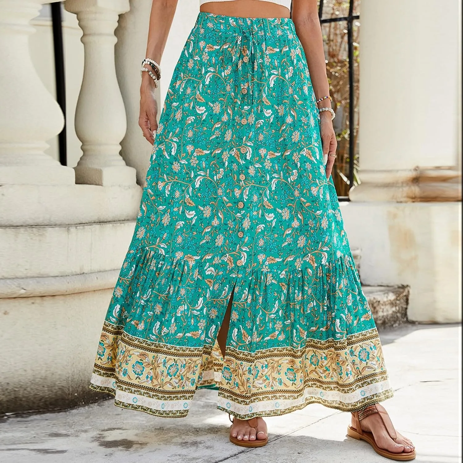 Maxi Skirts for Women 2025 Boho Floral Elastic High Waist Tiered Pleated Skirt Button Down Drawstring Flowy Skirts with Slit