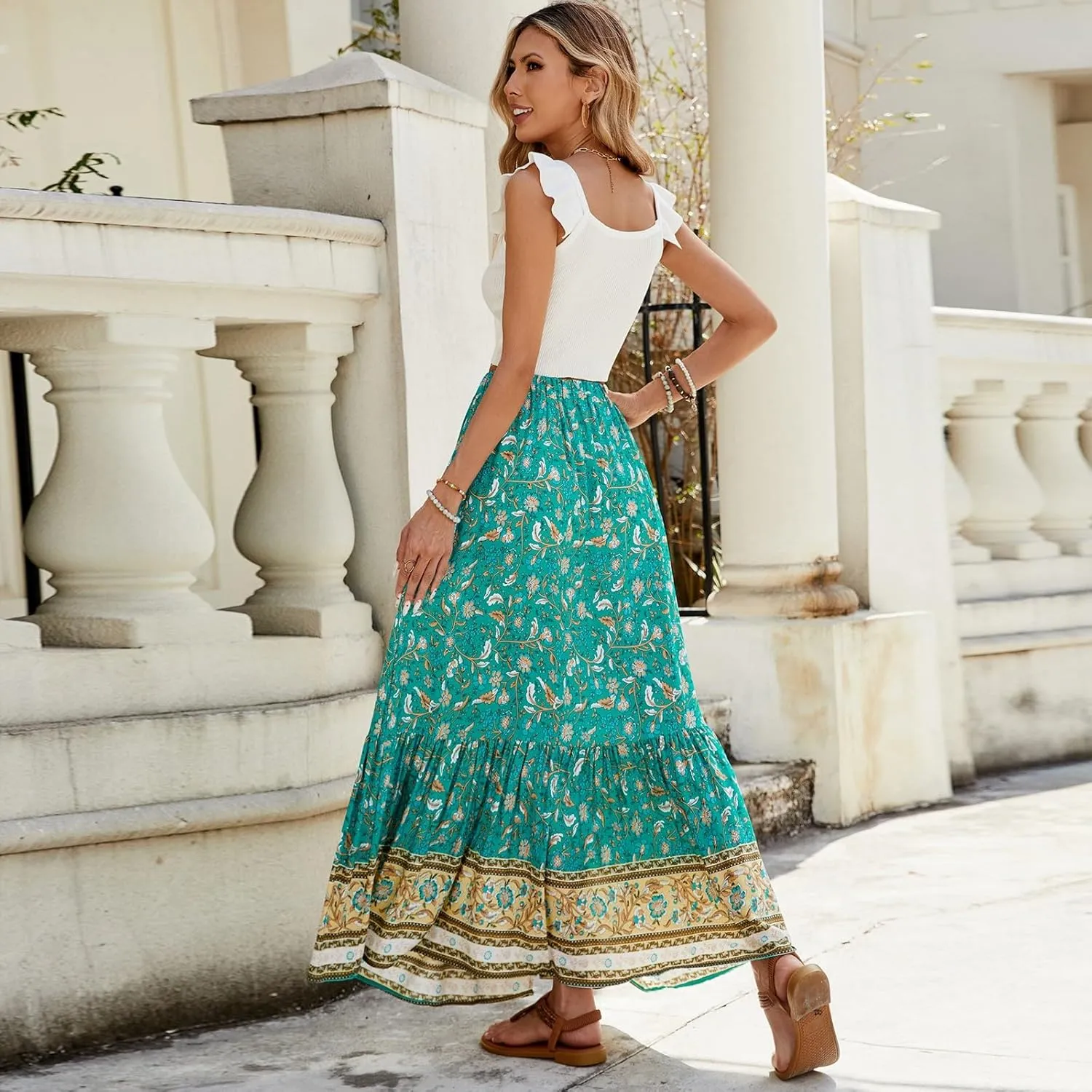 Maxi Skirts for Women 2025 Boho Floral Elastic High Waist Tiered Pleated Skirt Button Down Drawstring Flowy Skirts with Slit