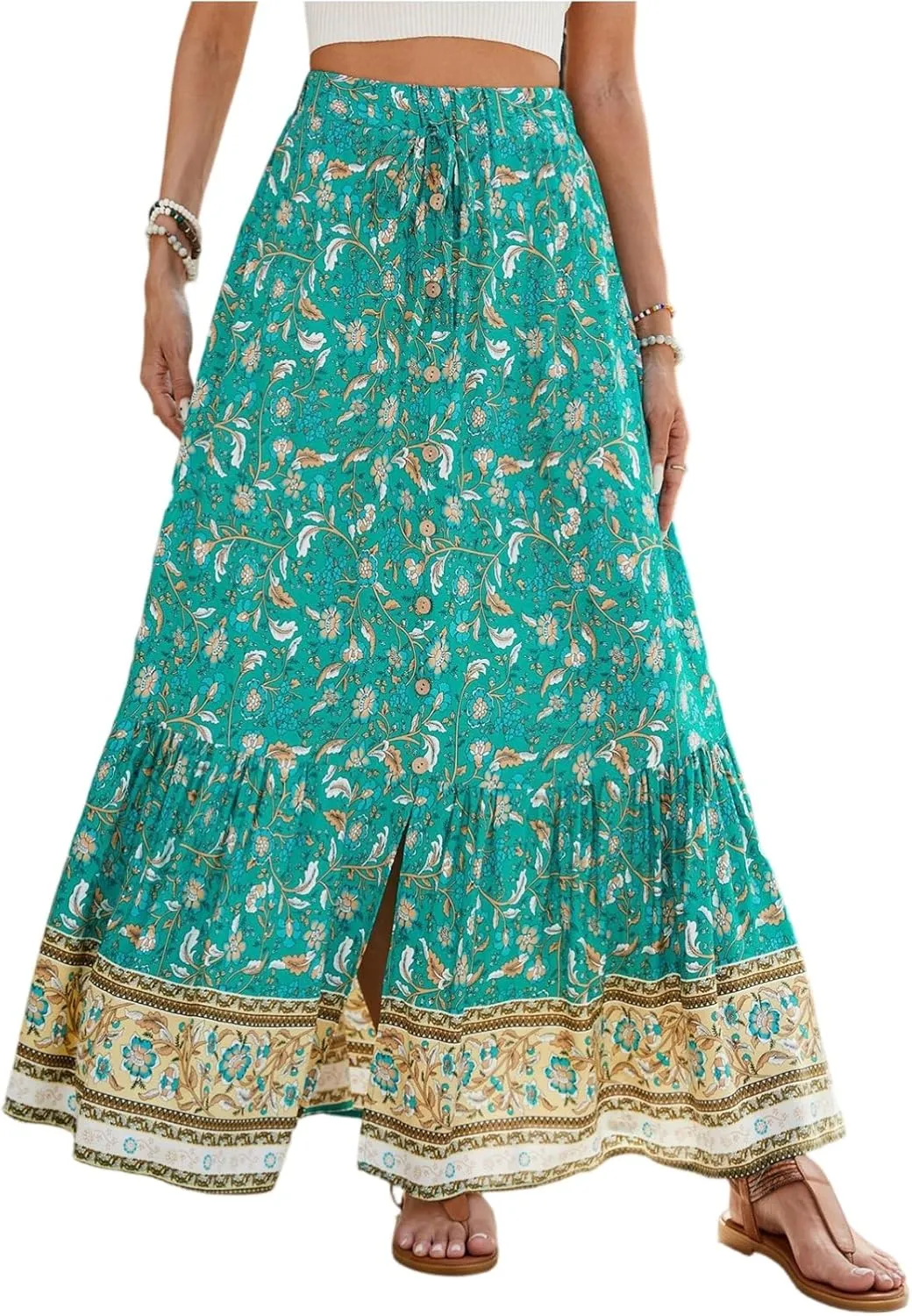 Maxi Skirts for Women 2025 Boho Floral Elastic High Waist Tiered Pleated Skirt Button Down Drawstring Flowy Skirts with Slit