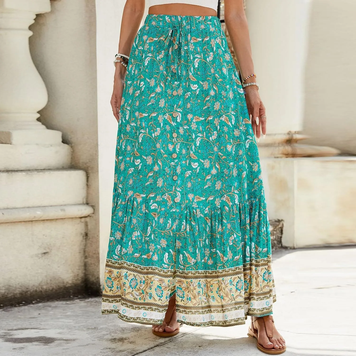 Maxi Skirts for Women 2025 Boho Floral Elastic High Waist Tiered Pleated Skirt Button Down Drawstring Flowy Skirts with Slit