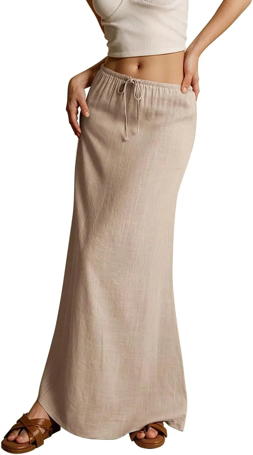 Maxi Skirts for Women 2025,Trendy Summer Comfy Drawstring Waist A Line Linen Skirt Vacation Boho Long Flowy Skirts