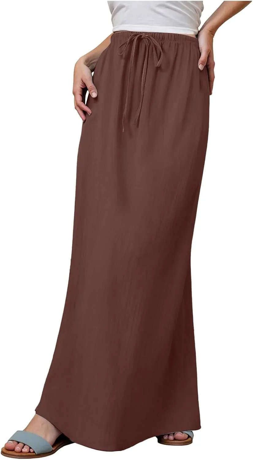 Maxi Skirts for Women 2025,Trendy Summer Comfy Drawstring Waist A Line Linen Skirt Vacation Boho Long Flowy Skirts