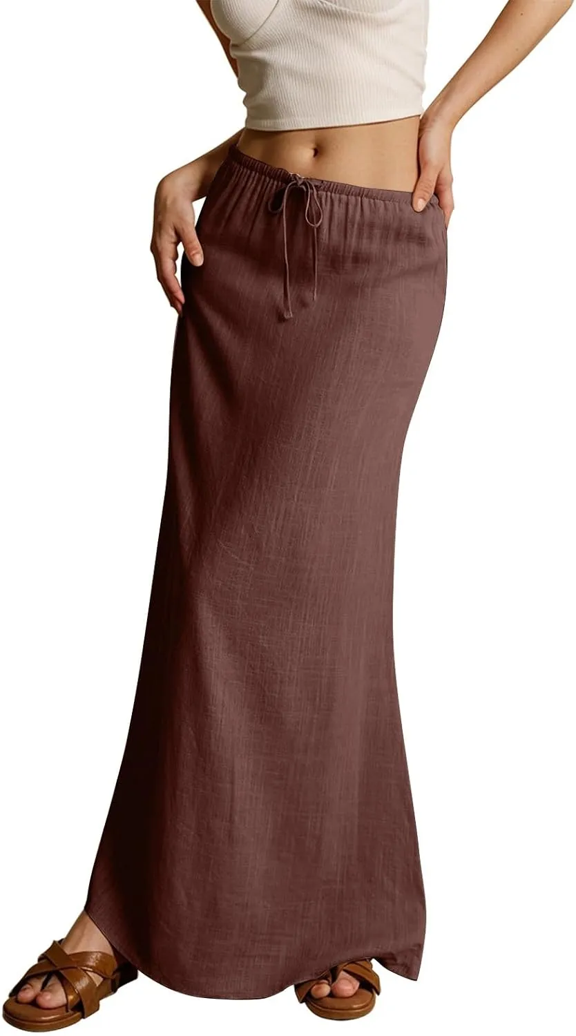 Maxi Skirts for Women 2025,Trendy Summer Comfy Drawstring Waist A Line Linen Skirt Vacation Boho Long Flowy Skirts