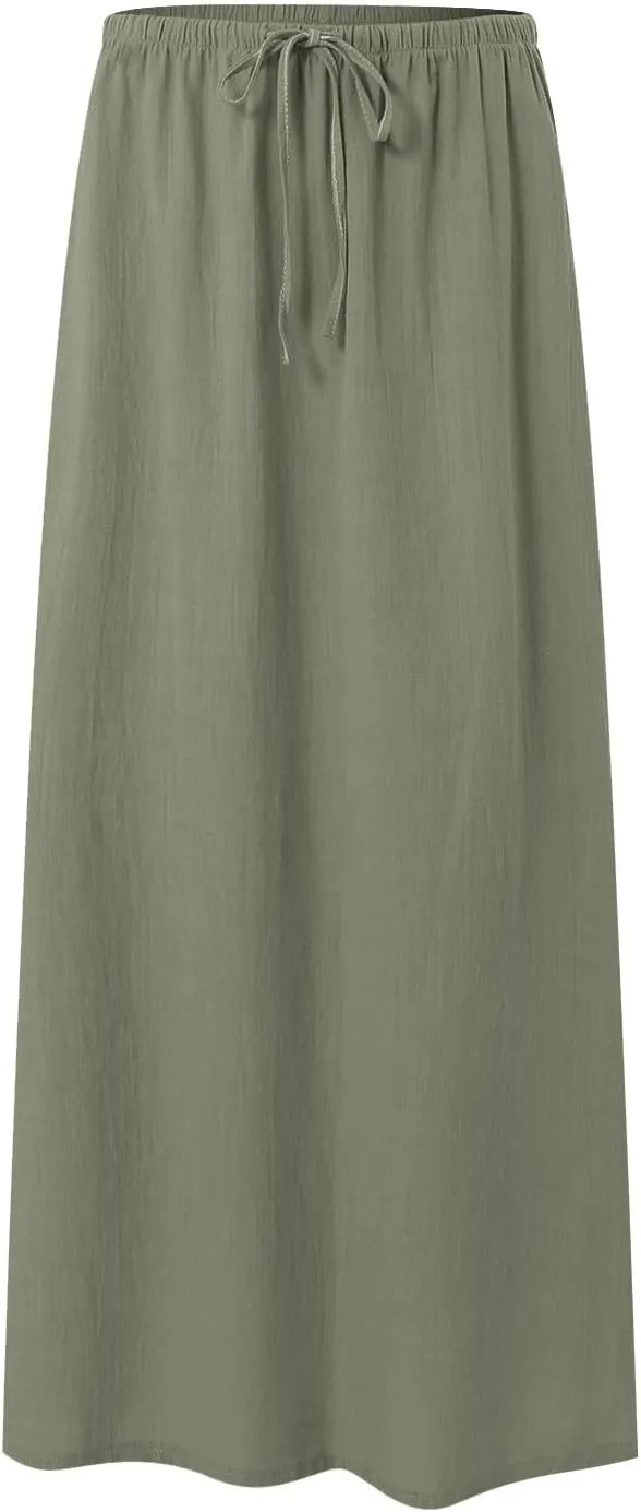 Maxi Skirts for Women 2025,Trendy Summer Comfy Drawstring Waist A Line Linen Skirt Vacation Boho Long Flowy Skirts