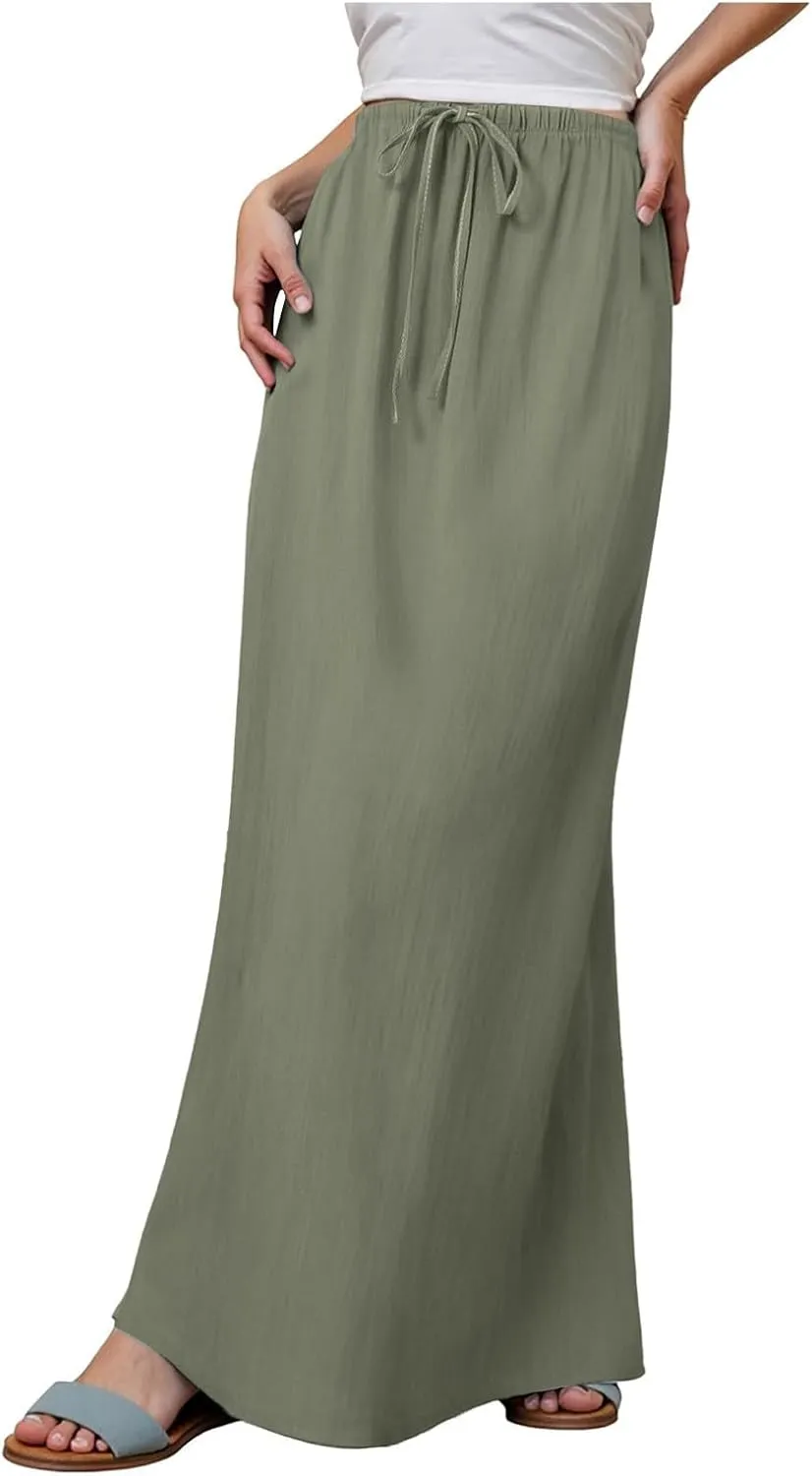 Maxi Skirts for Women 2025,Trendy Summer Comfy Drawstring Waist A Line Linen Skirt Vacation Boho Long Flowy Skirts