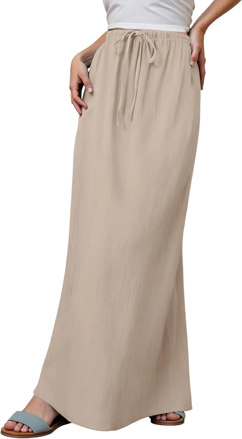 Maxi Skirts for Women 2025,Trendy Summer Comfy Drawstring Waist A Line Linen Skirt Vacation Boho Long Flowy Skirts