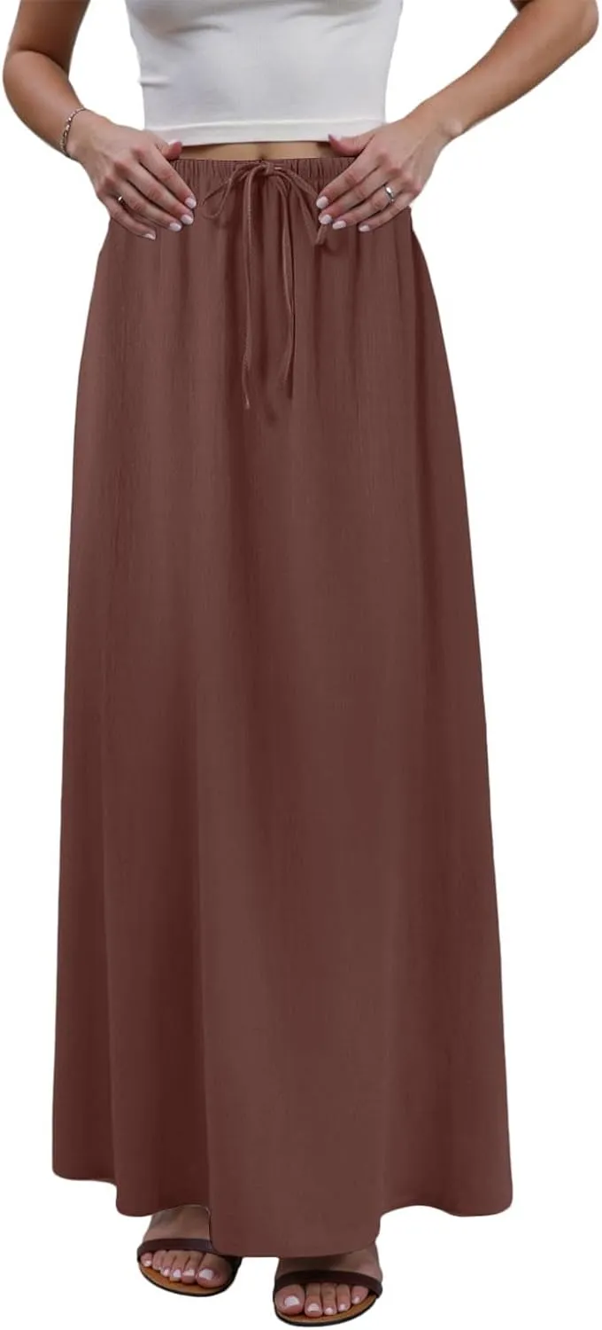 Maxi Skirts for Women 2025,Trendy Summer Comfy Drawstring Waist A Line Linen Skirt Vacation Boho Long Flowy Skirts