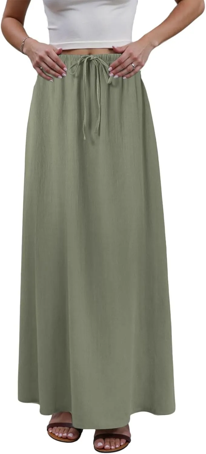 Maxi Skirts for Women 2025,Trendy Summer Comfy Drawstring Waist A Line Linen Skirt Vacation Boho Long Flowy Skirts