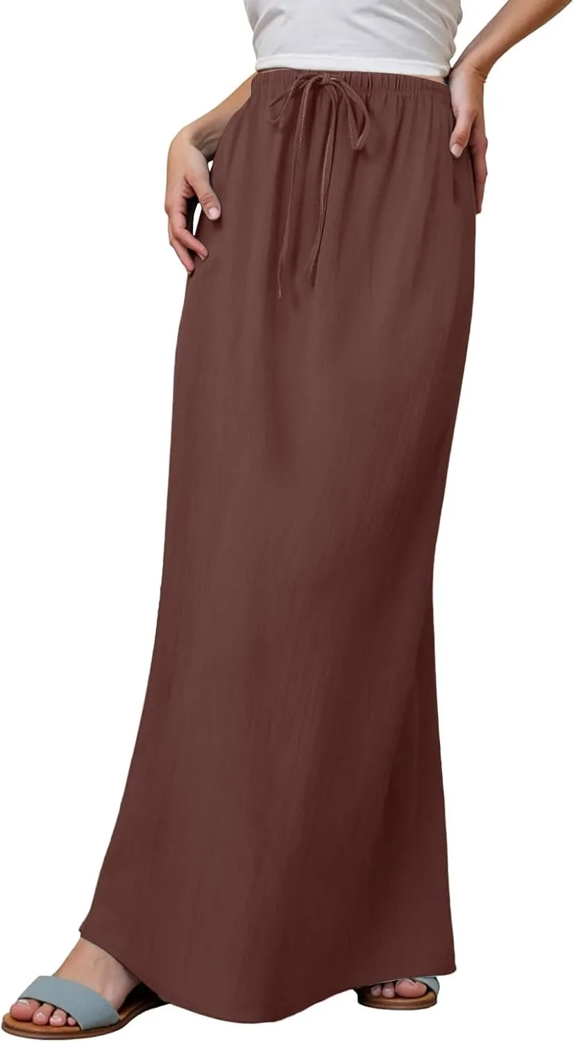 Maxi Skirts for Women 2025,Trendy Summer Comfy Drawstring Waist A Line Linen Skirt Vacation Boho Long Flowy Skirts
