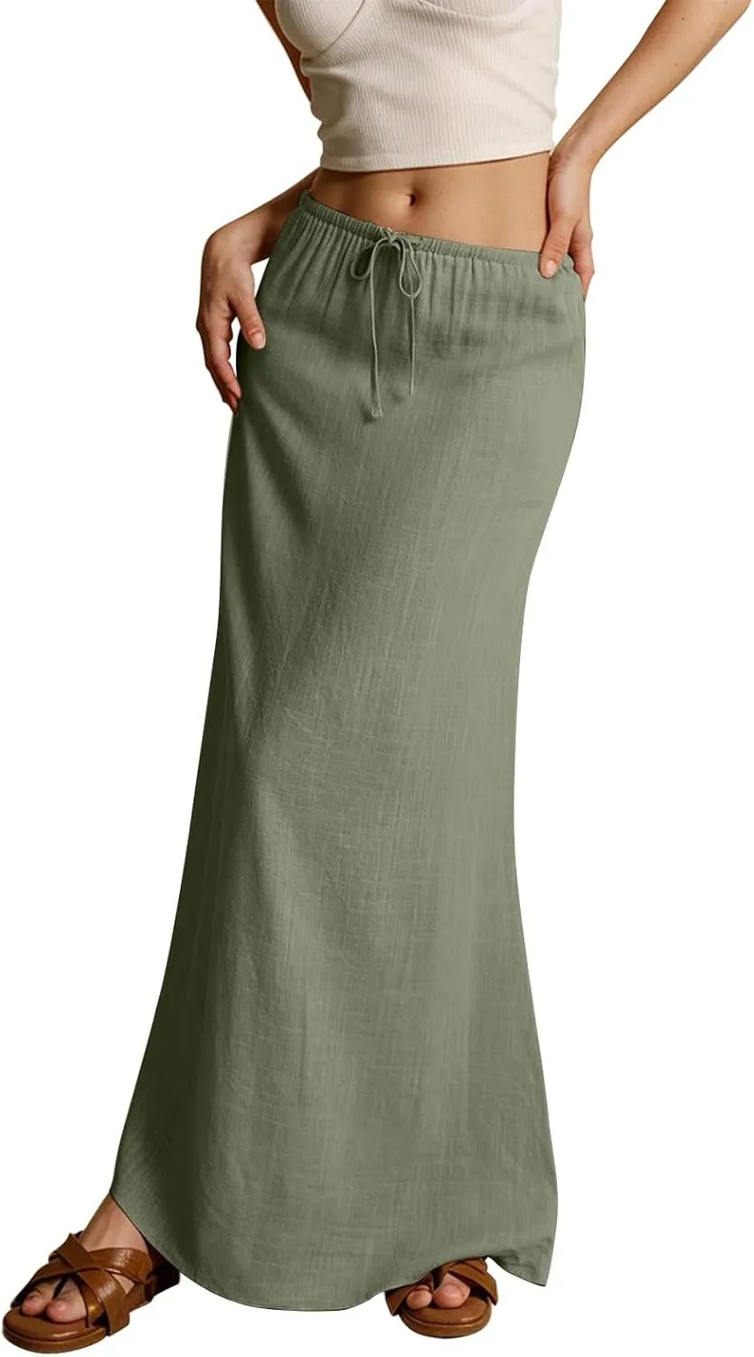 Maxi Skirts for Women 2025,Trendy Summer Comfy Drawstring Waist A Line Linen Skirt Vacation Boho Long Flowy Skirts