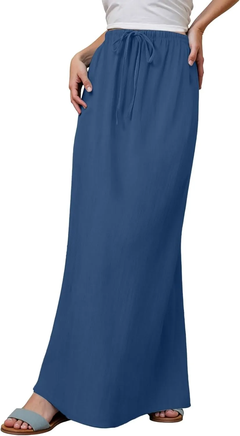 Maxi Skirts for Women Casual,Cotton Linen Skirts for Women Summer Drawstring Low Rise A-Line Loose Flowy Beach Skirt
