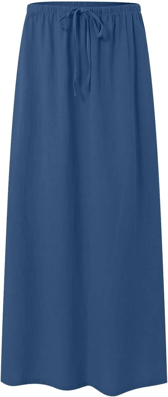 Maxi Skirts for Women Casual,Cotton Linen Skirts for Women Summer Drawstring Low Rise A-Line Loose Flowy Beach Skirt