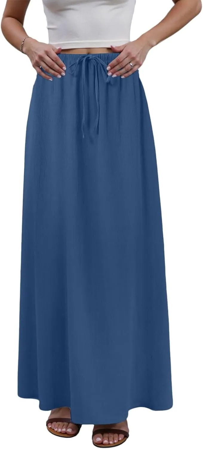 Maxi Skirts for Women Casual,Cotton Linen Skirts for Women Summer Drawstring Low Rise A-Line Loose Flowy Beach Skirt