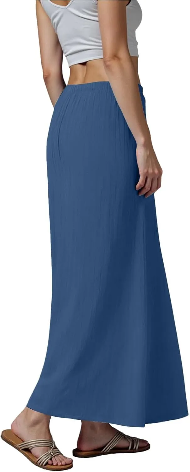 Maxi Skirts for Women Casual,Cotton Linen Skirts for Women Summer Drawstring Low Rise A-Line Loose Flowy Beach Skirt
