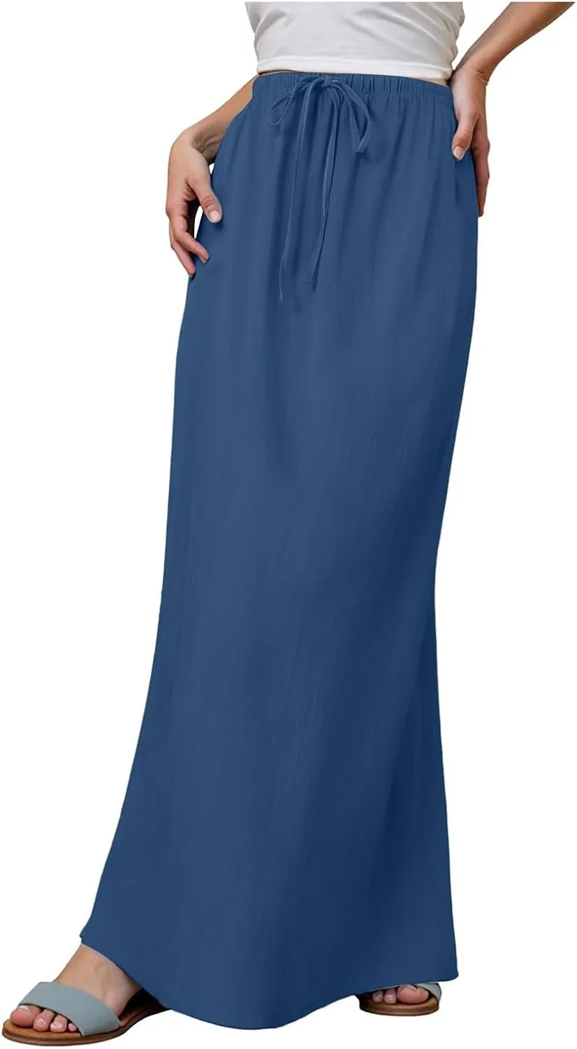Maxi Skirts for Women Casual,Cotton Linen Skirts for Women Summer Drawstring Low Rise A-Line Loose Flowy Beach Skirt